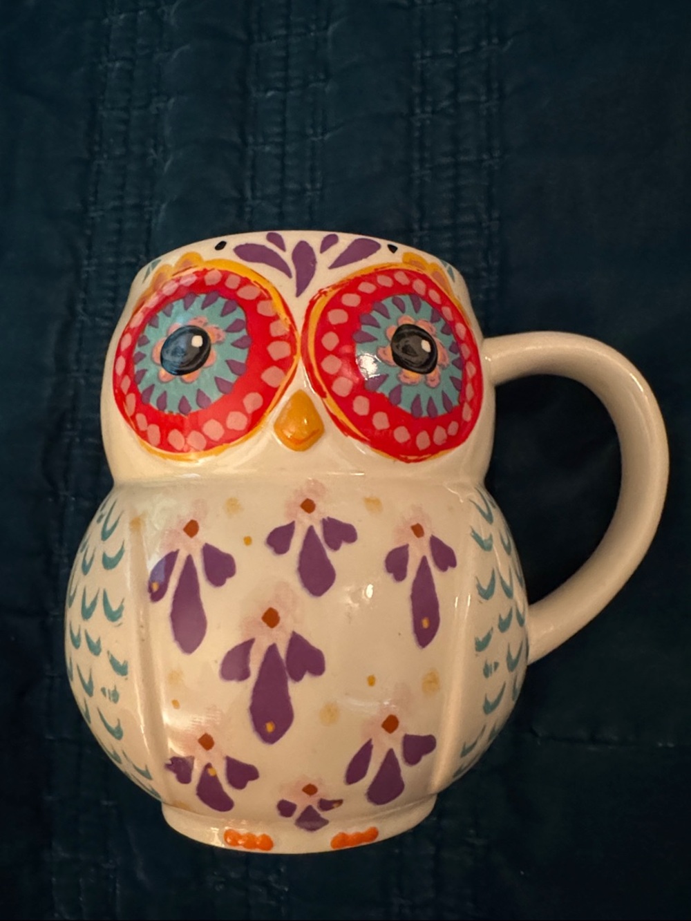 NATURAL LIFE Owl Mug in White with Purple, Red, Blue, Orange Accents